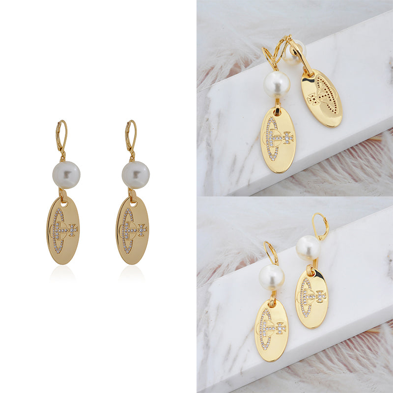 Pearl Hanging Oval Engraved Orb Gem Studded Pendant Gold & Silver Earrings (2 Colors)