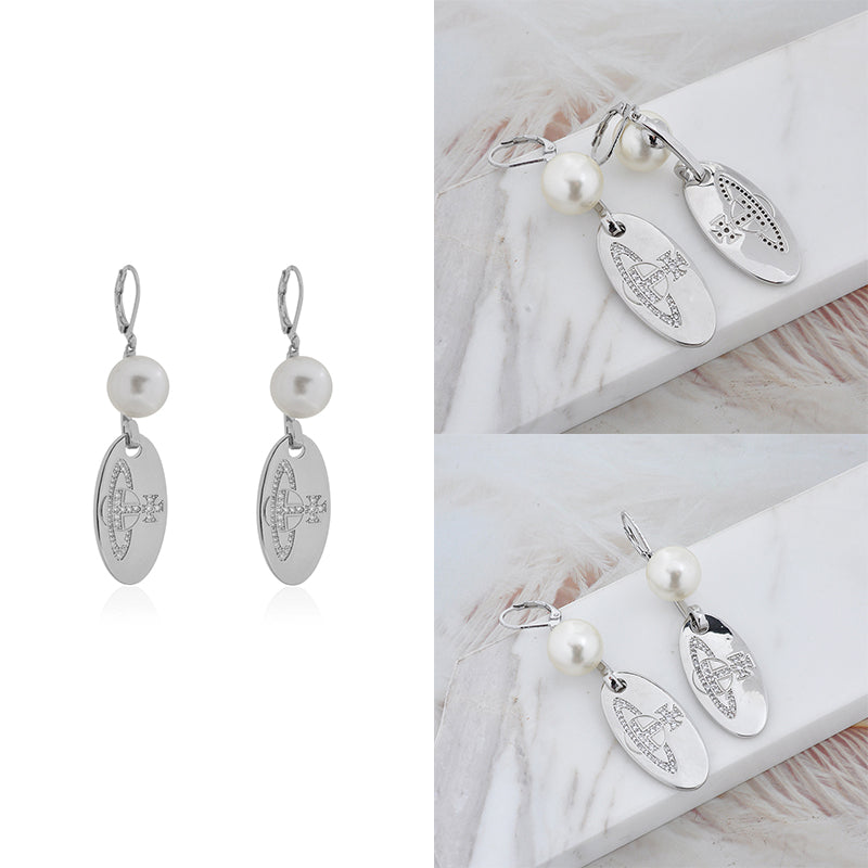Pearl Hanging Oval Engraved Orb Gem Studded Pendant Gold & Silver Earrings (2 Colors)