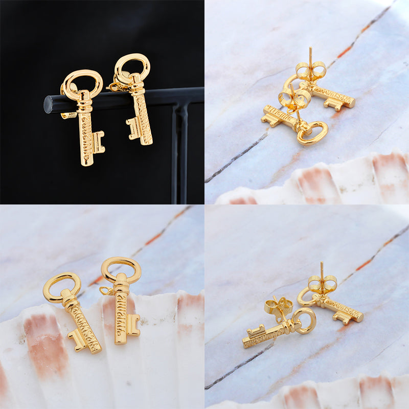 Engraved Key Pendant Gold & Silver Stud Earrings (2 Colors)