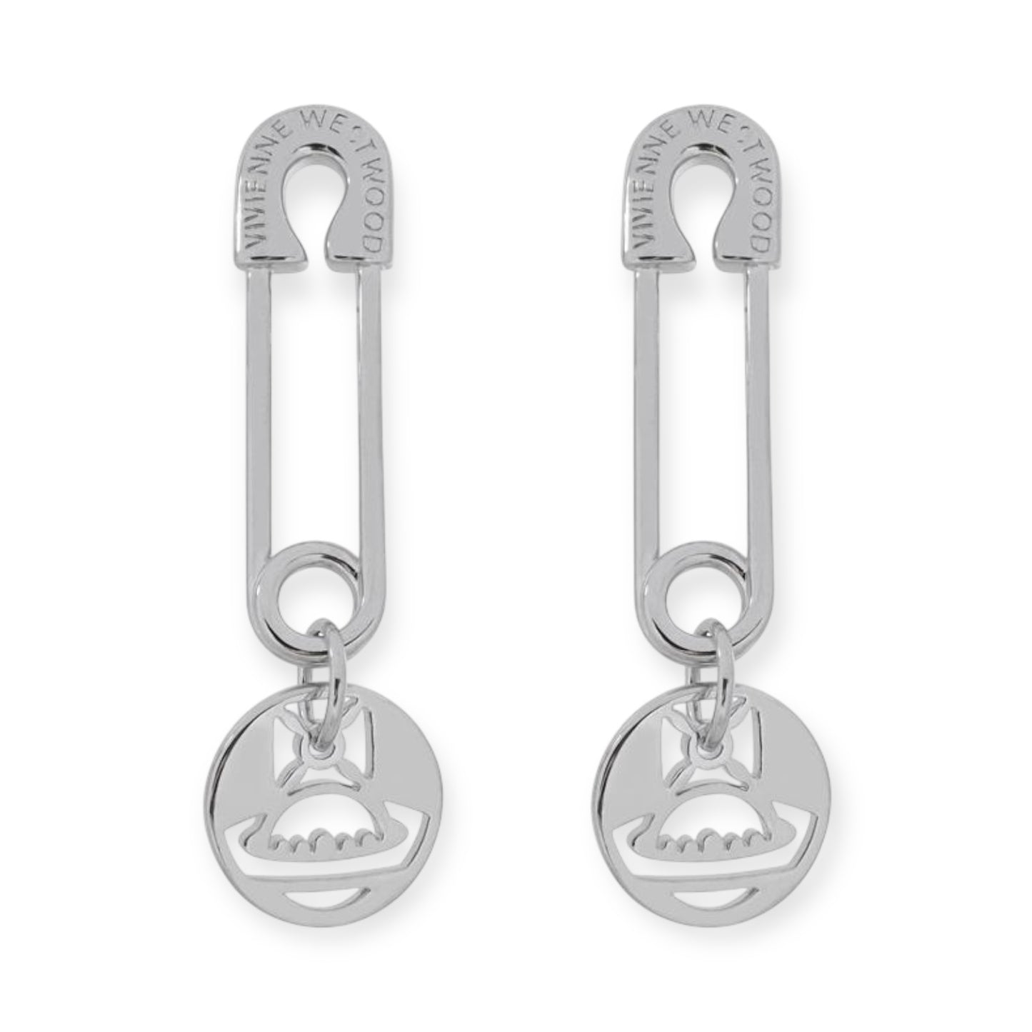 Safety Pin Hanging Cutout Orb Design Pendant Gold & Silver Stud Earrings (2 Colors)