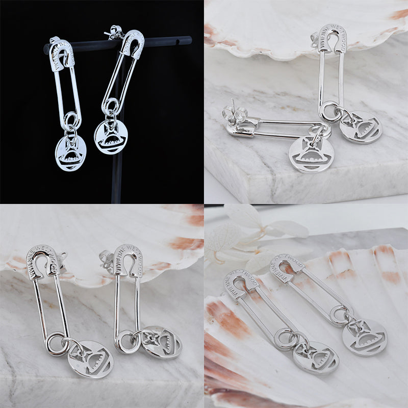 Safety Pin Hanging Cutout Orb Design Pendant Gold & Silver Stud Earrings (2 Colors)
