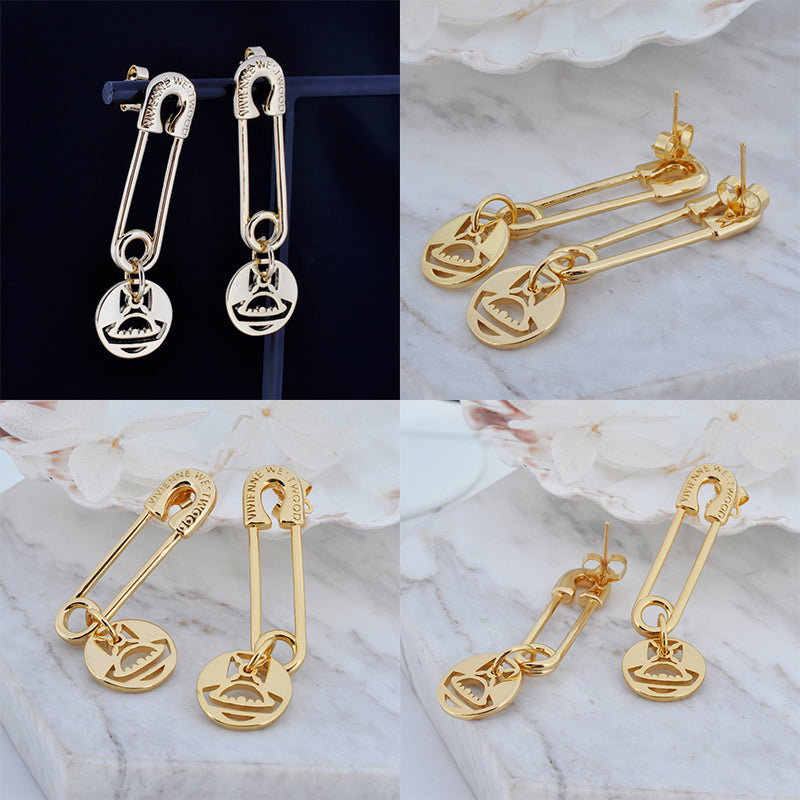 Safety Pin Hanging Cutout Orb Design Pendant Gold & Silver Stud Earrings (2 Colors)