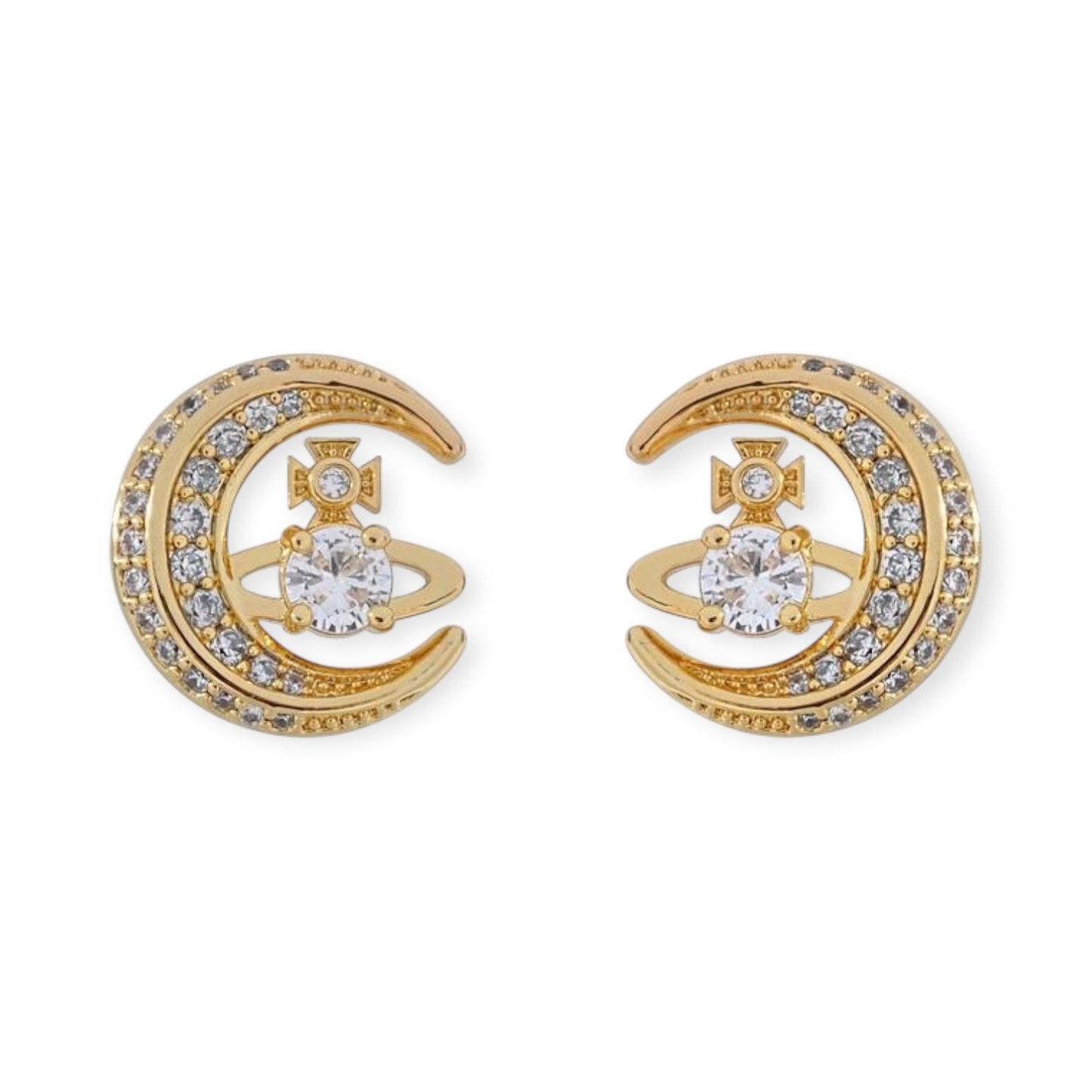 Gem Studded Crescent Moon Orb Pendant Gold & Silver Stud Earrings (2 Colors)