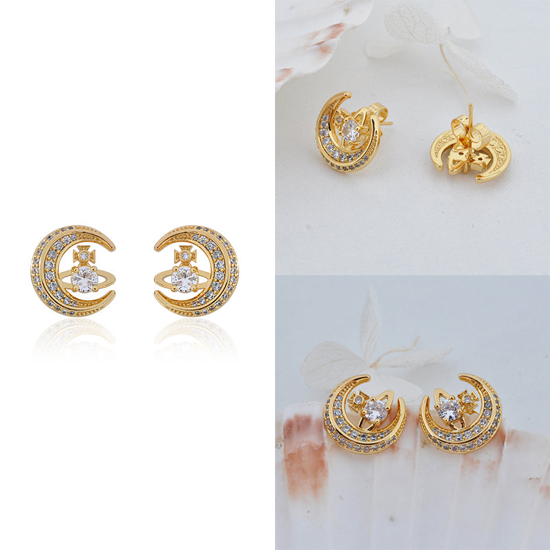Gem Studded Crescent Moon Orb Pendant Gold & Silver Stud Earrings (2 Colors)