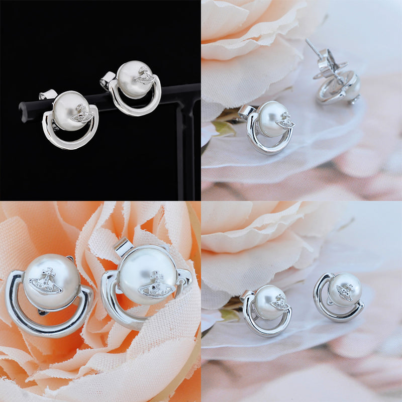 Pierced Pearl Orb Design Necklace Gold & Silver Stud Earrings (2 Colors)