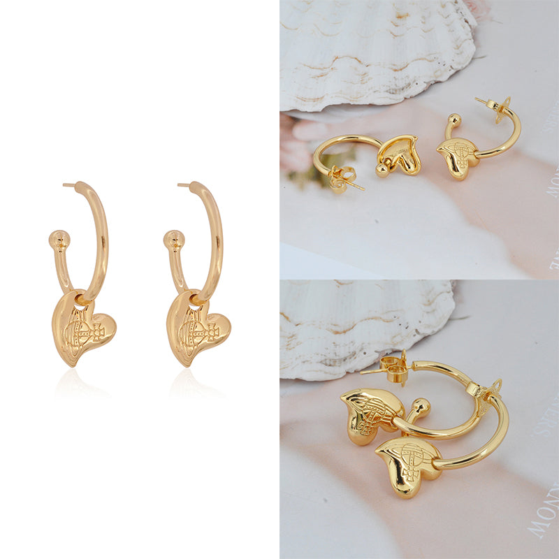 Mini Orb Engraved Hanging Heart Design Pendant Gold & Silver Hooped Earrings (2 Colors)