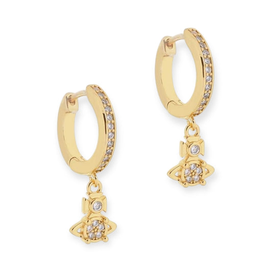 Mini Hanging Orb Pendant Gold & Silver Gem Studded Hooped Earrings (2 Colors)