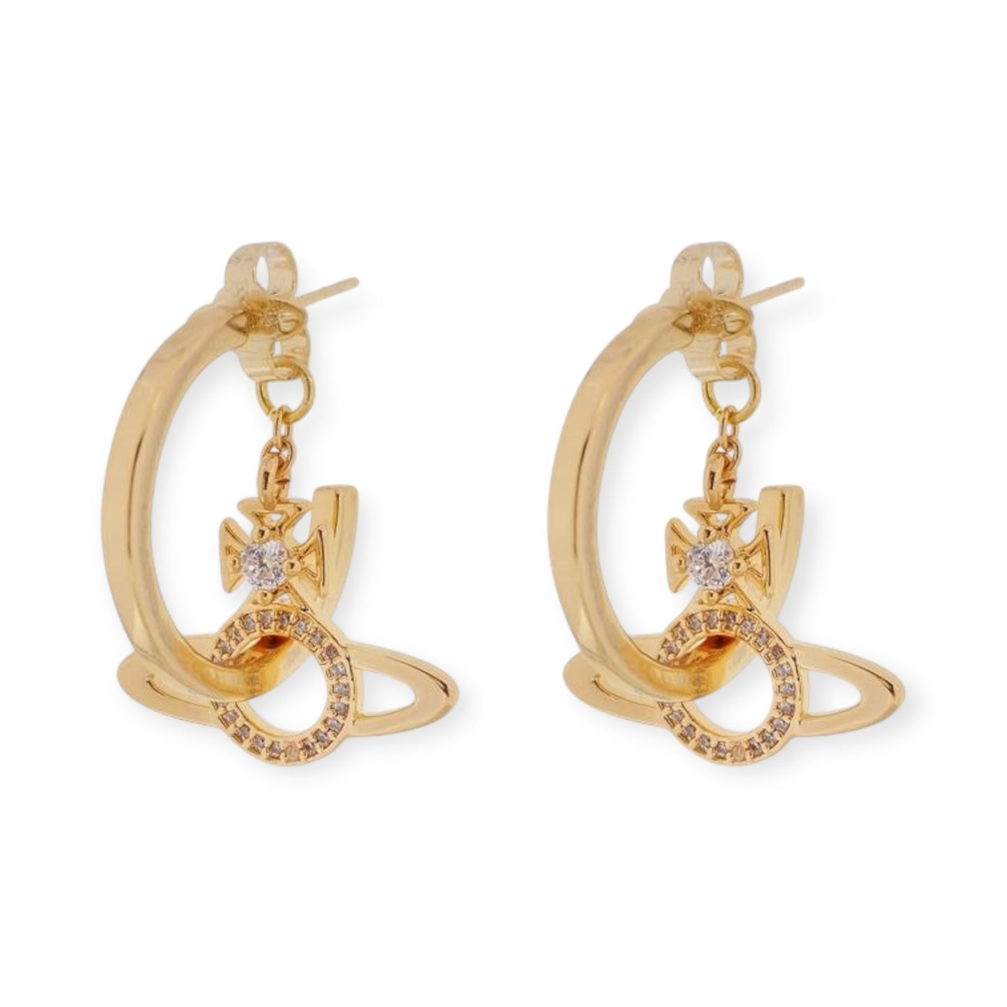 Mini Hanging Gem Studded Orb Pendant Inverted Loop Design Gold & Silver Stud Earrings (2 Colors)