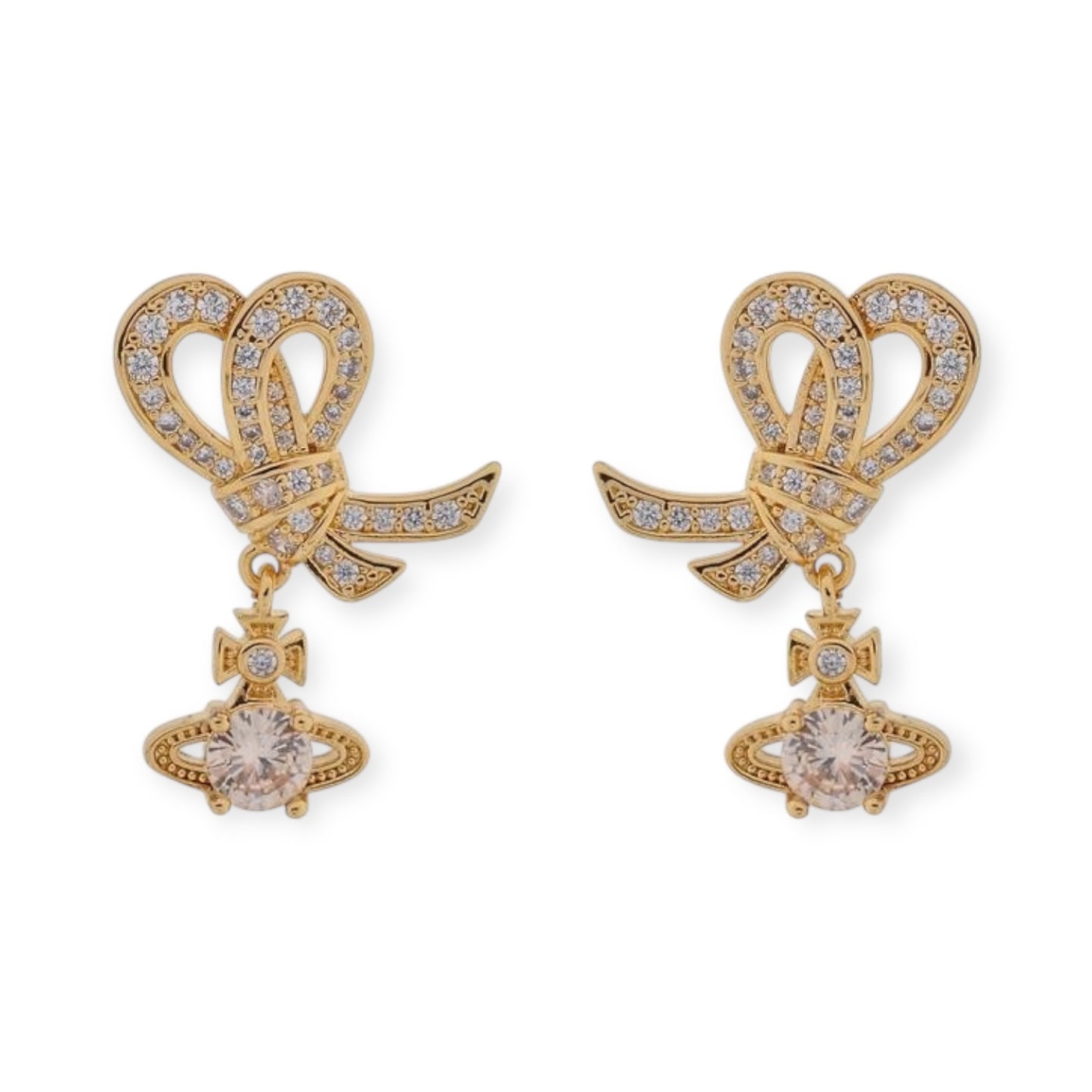 Gem Studded Bow Ribbon Mini Orb Hanging Pendant Gold & Silver Stud Earrings (2 Colors)