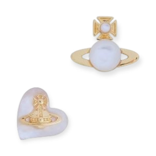 Mini Pearl Orb & Heart Shaped Iridescent Stone Engraved Orb Gold & Silver Stud Earrings (2 Colors)