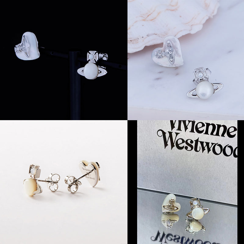 Mini Pearl Orb & Heart Shaped Iridescent Stone Engraved Orb Gold & Silver Stud Earrings (2 Colors)