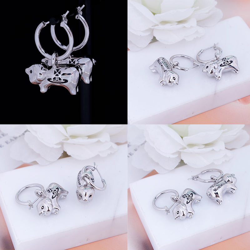 Mini Orb Engraved Pig Animal Gold & Silver Hooped Earrings (2 Colors)