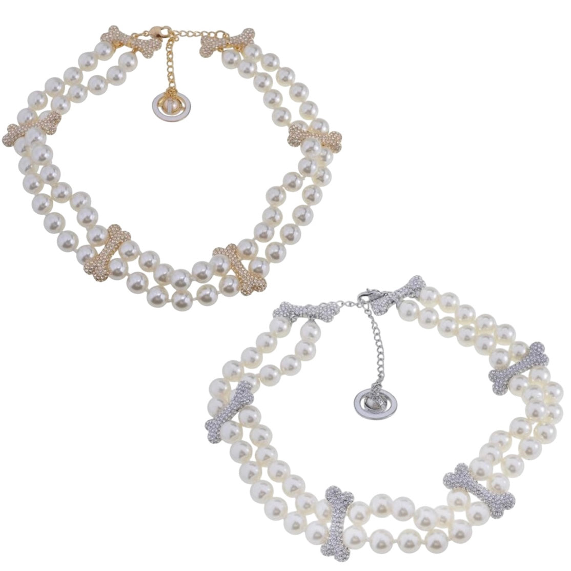 Double Layer Pearl Gem Studded Multi Bones Orb Clasp Choker Necklace Gold & Silver (2 Color)