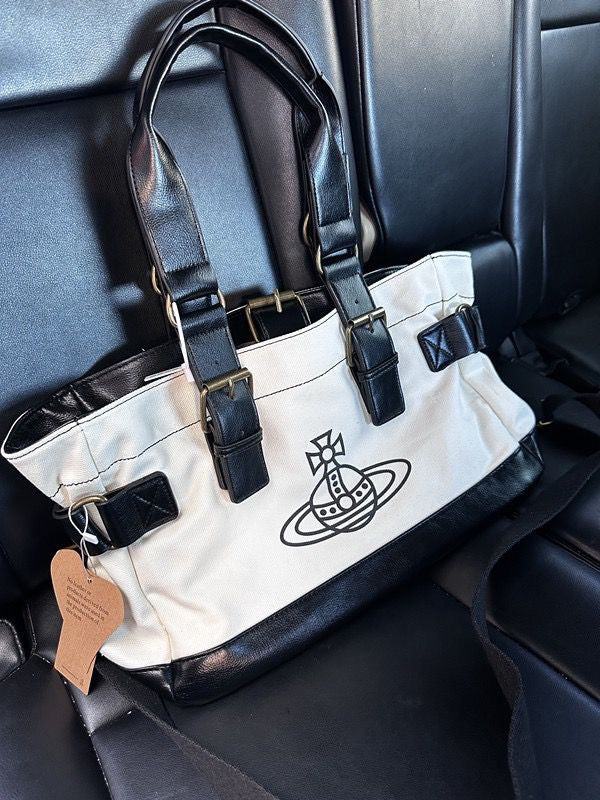 Cream and Black Orb Engraved Design Messenger Tote Hand Bag