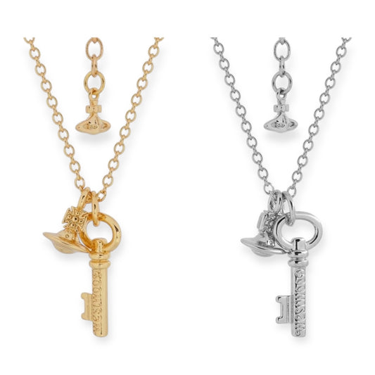 Key Pendant Double Hanging Orb Charms Necklace Gold & Silver (2 Colors)