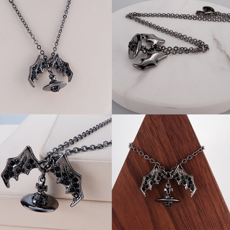 Bat Wings Gothic Dark Silver Orb Pendant Necklace