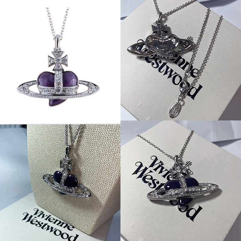 Heart Shape Planet Gem Orb Pendant Necklace (4 Colors)