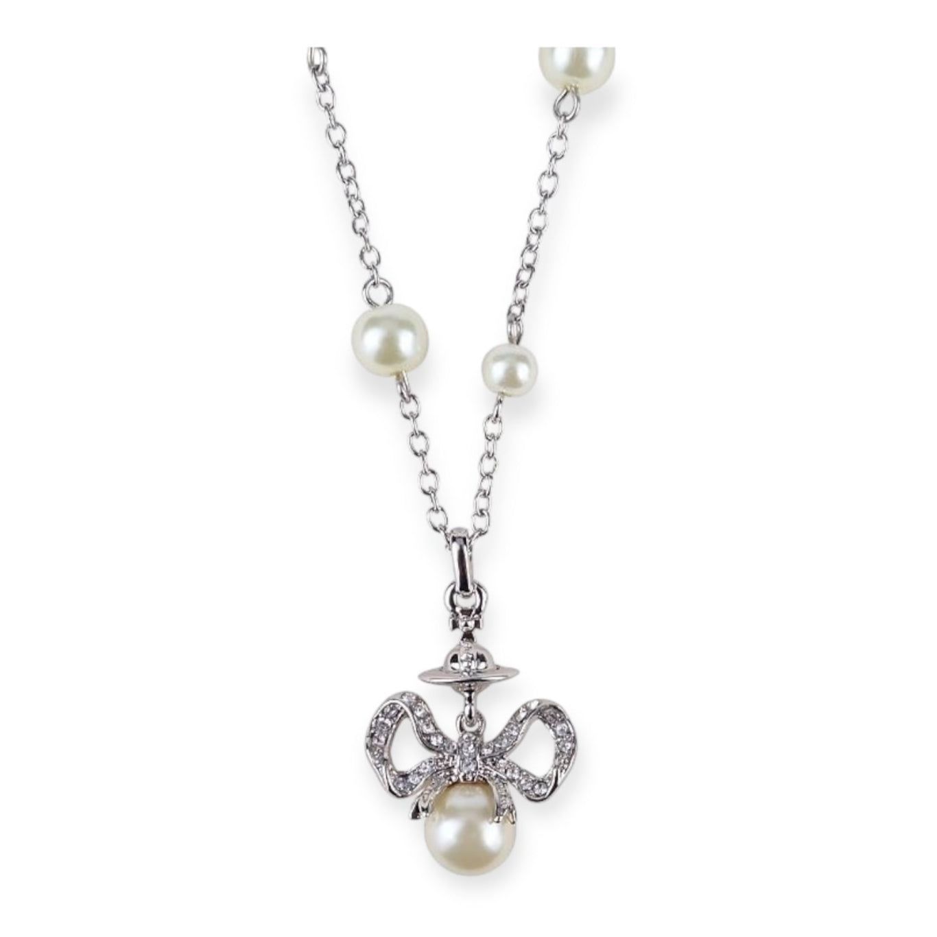 Multi Pearl Silver Chain Bow Pendant Necklace