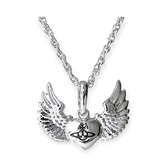Silver Engraved Heart Shape Wings Pendant Necklace