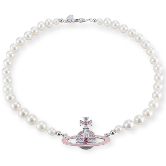 Pearl Beaded Pink & Silver Star Studded Pendant Necklace