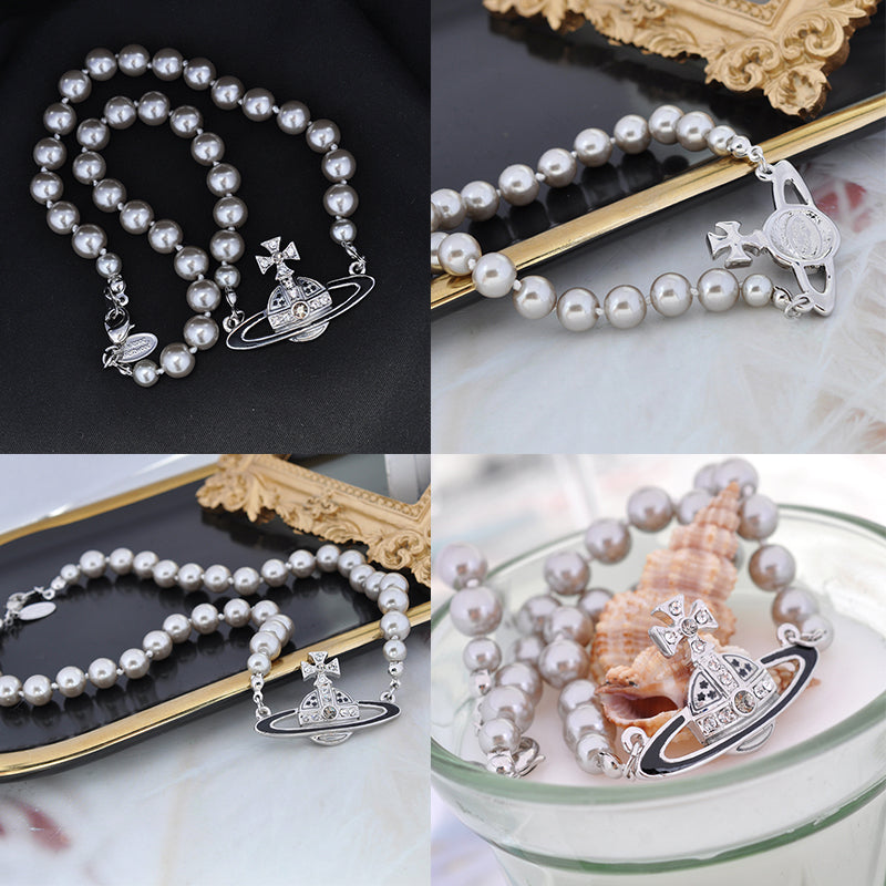 Pearl Beaded Black & Silver Star Studded Pendant Necklace