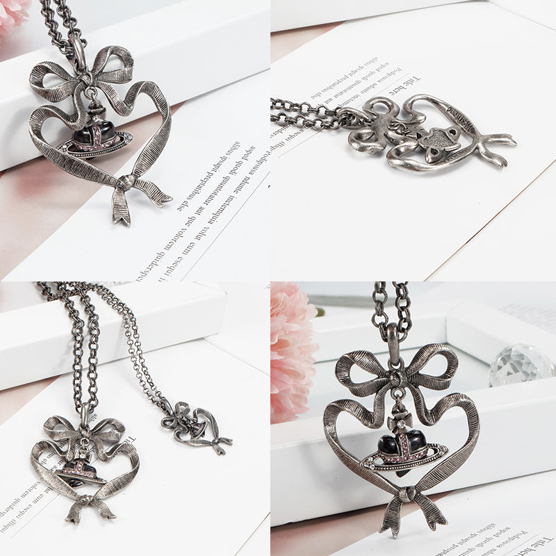 Double Ribbon Heart Gem Pendant Necklace (2 colors)