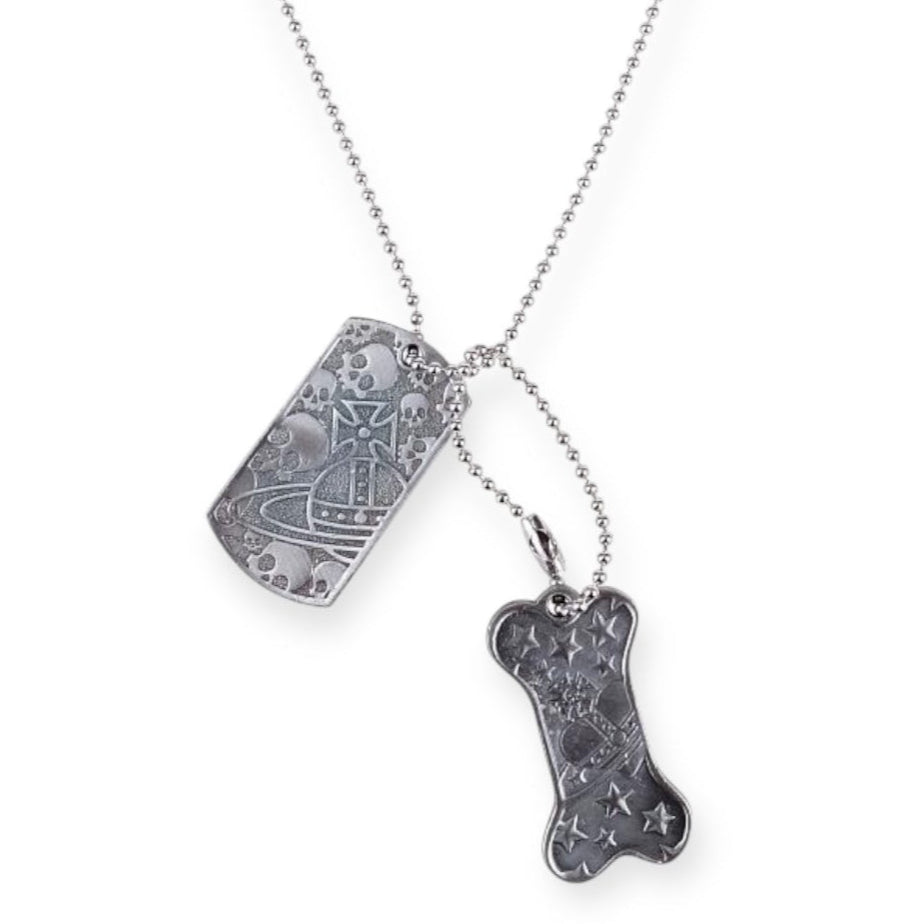 Dog Tag Bone Archive Dark Silver Double Pendant Pattern Necklace