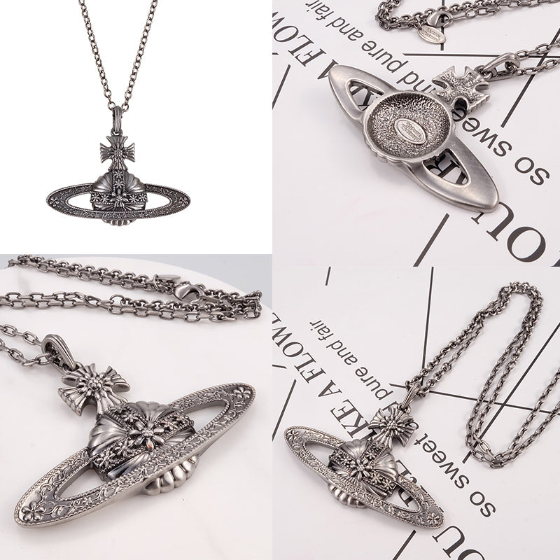 Dark Silver Medieval Flower Pattern Pendant Orb Silver Necklace