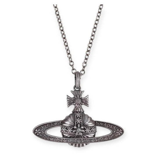 Dark Silver Medieval Flower Pattern Pendant Orb Silver Necklace
