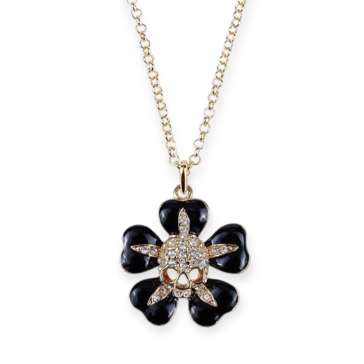 Flower Petals Skull Gem Pendant Necklace Gold & Silver (2 colors)