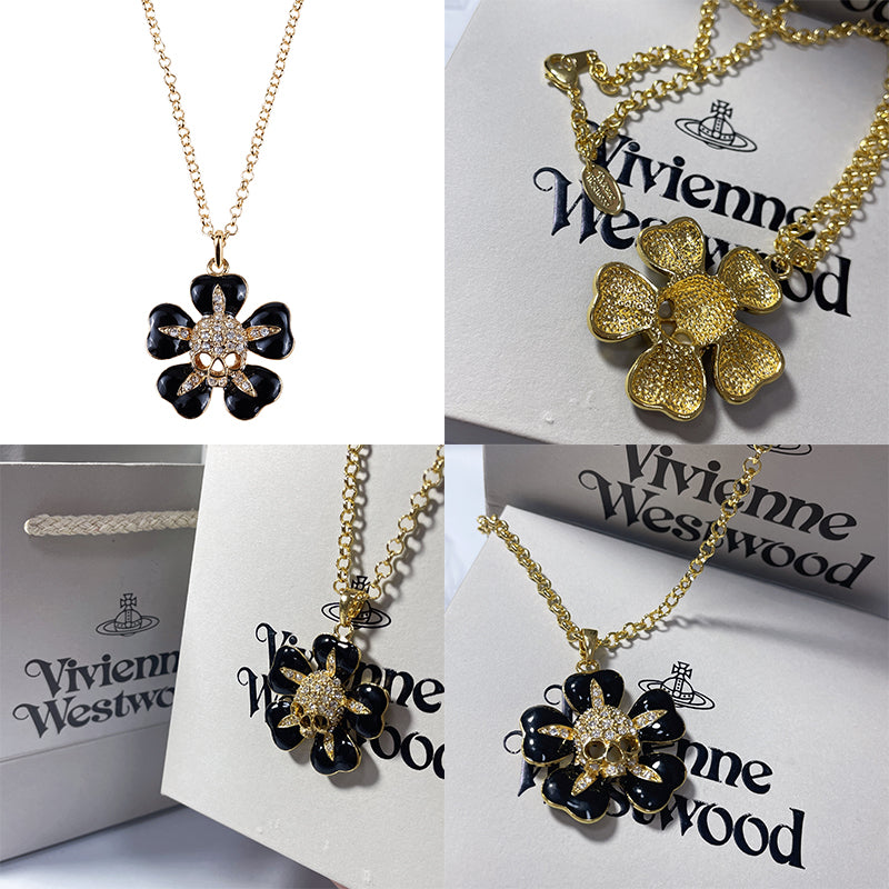 Flower Petals Skull Gem Pendant Necklace Gold & Silver (2 colors)