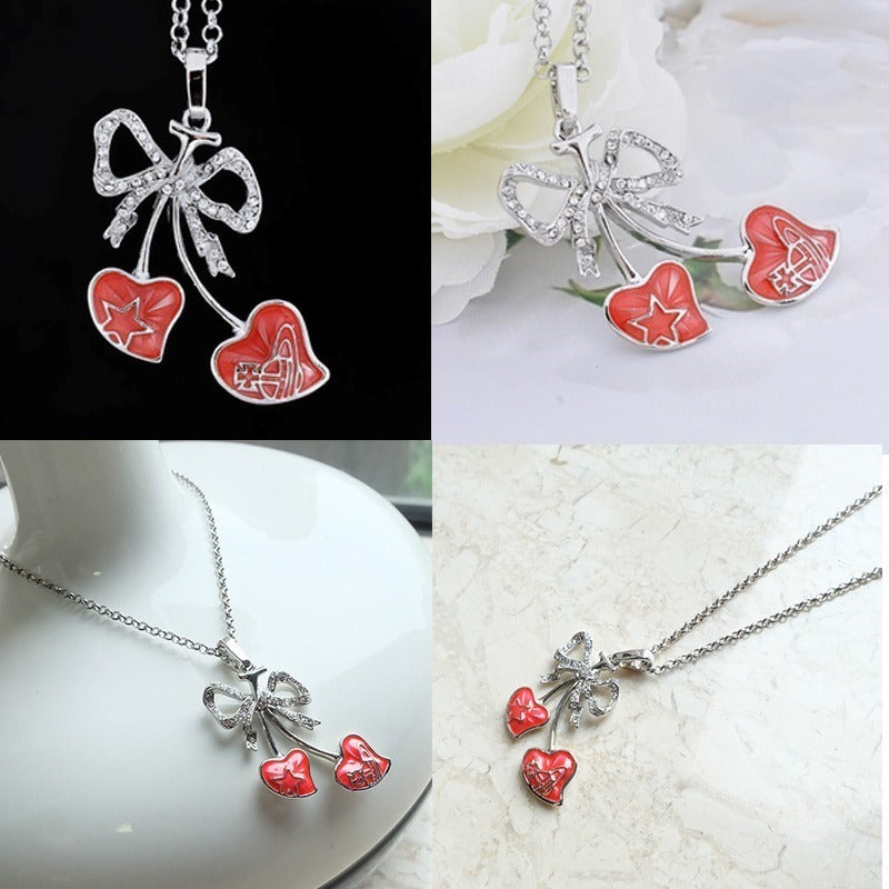 Cherry Fruit Double Heart Pendant Necklace