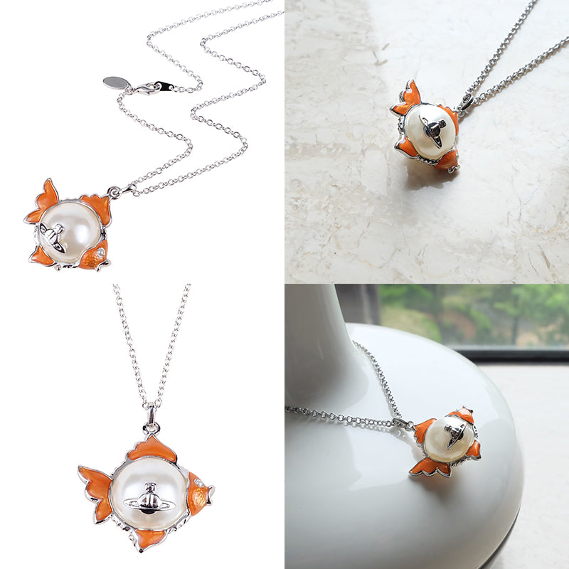 Fish Pearl Orange Pendant Necklace