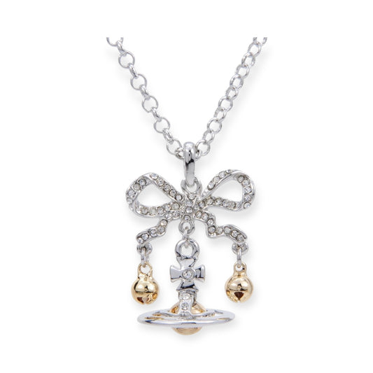 Tied Ribbon Bow Jingle Bells Gold Silver Orb Pendant Necklace