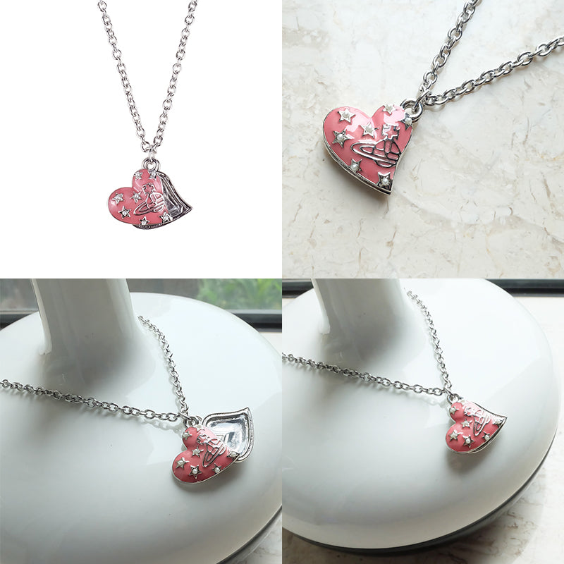 Double Heart Pale Pink Open Pendant Pearl Star Necklace