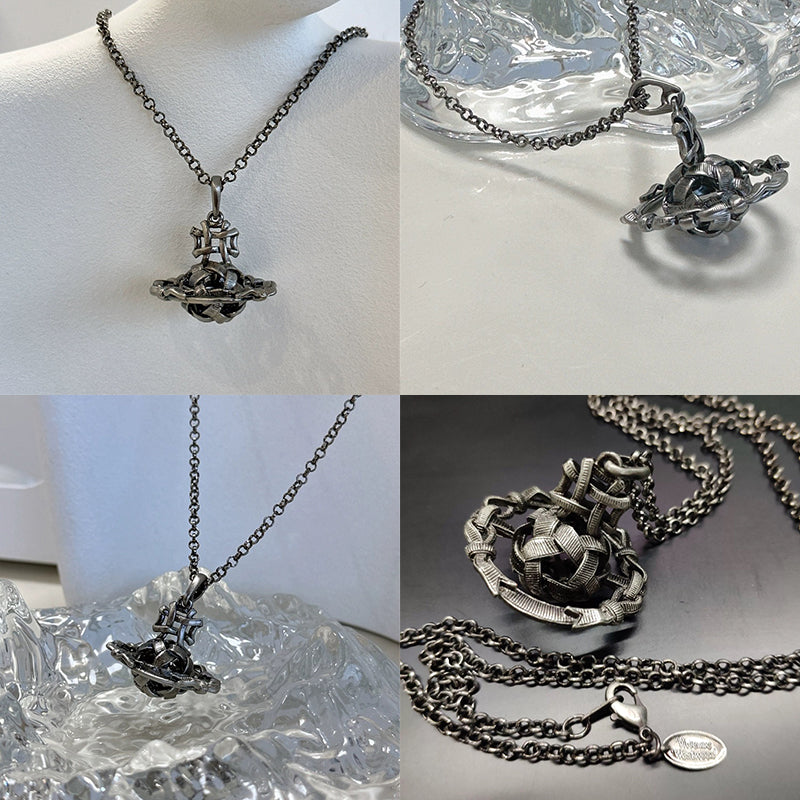 Dark Silver Woven Design Orb Pendant Necklace