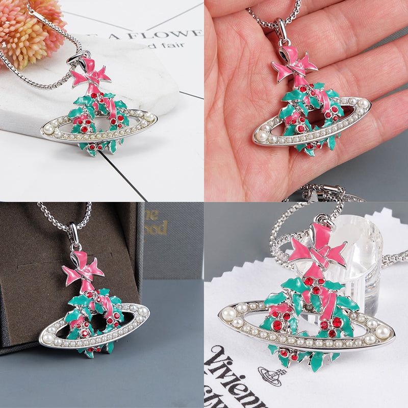 Christmas Holiday Wreath Pearl Orb Pendant Necklace