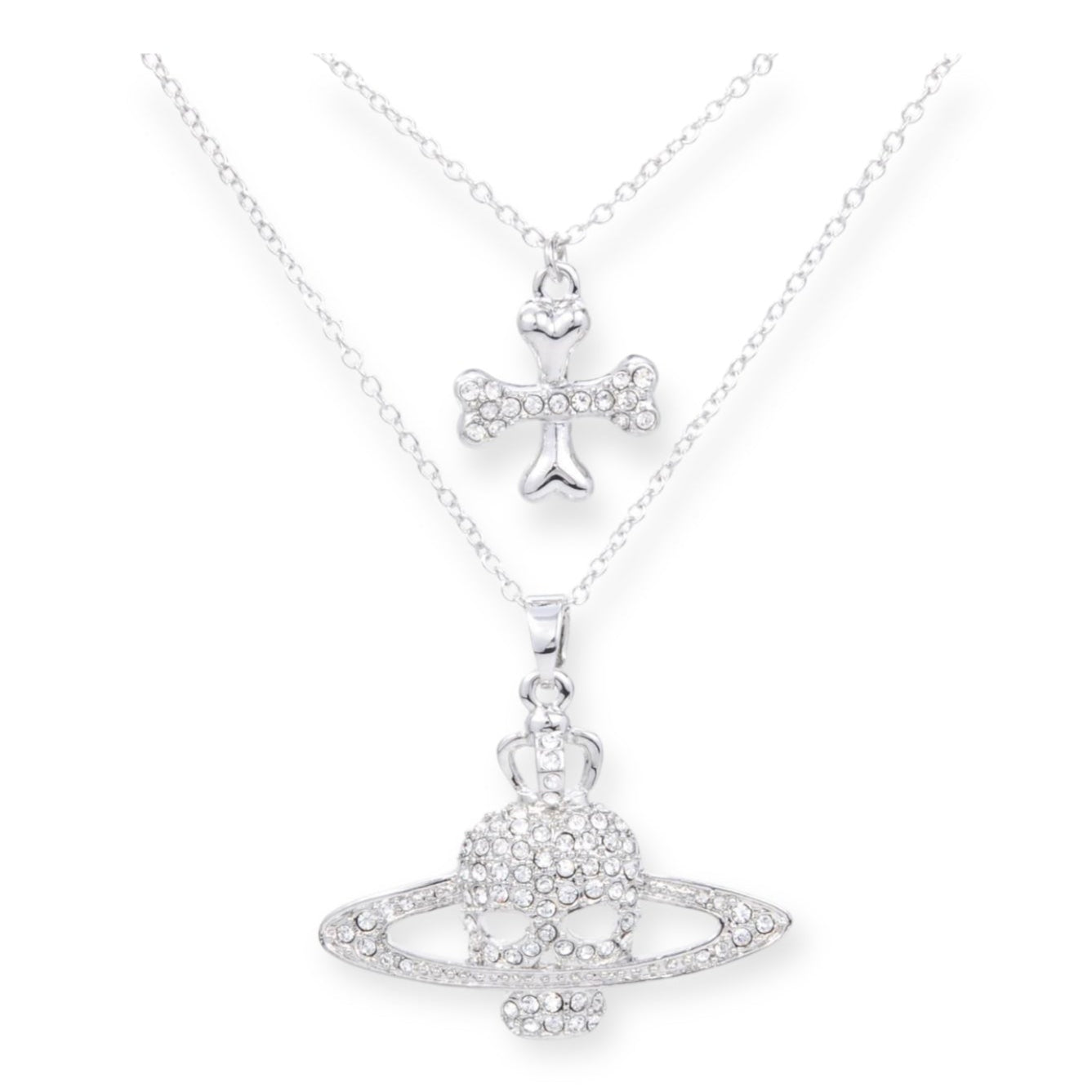 Skull Cross Double Silver Gem Orb Pendant Necklace