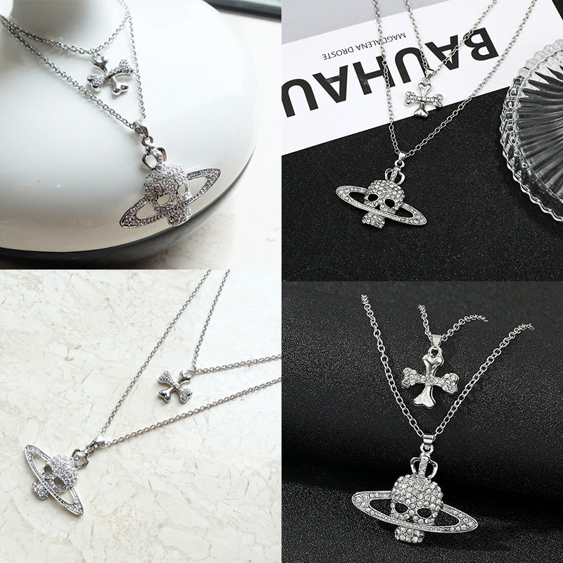 Skull Cross Double Silver Gem Orb Pendant Necklace