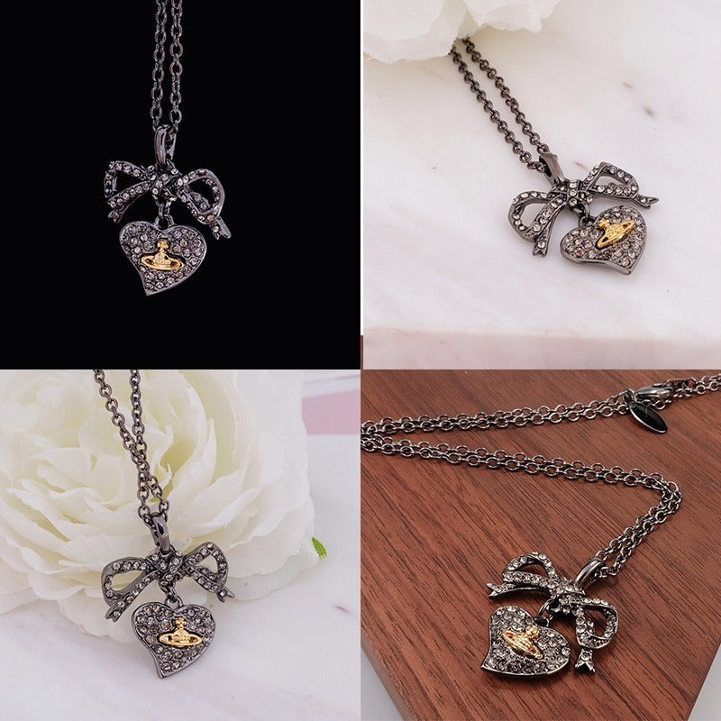 Heart Shaped Gem Studded Orb Pendant Necklace (3 colors)