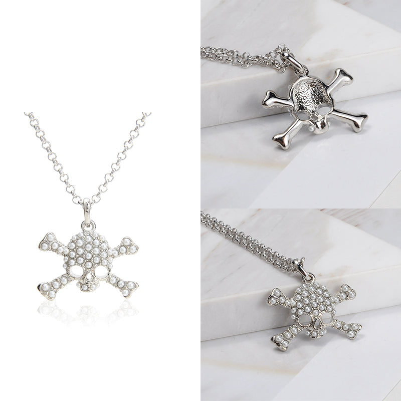 Skull & Crossbones Pearl Silver Pendant Necklace