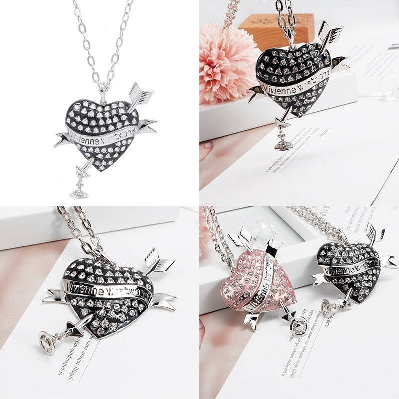 Heart Arrow Gem Studded Pendant Necklace Pink & Black (2 Colors)