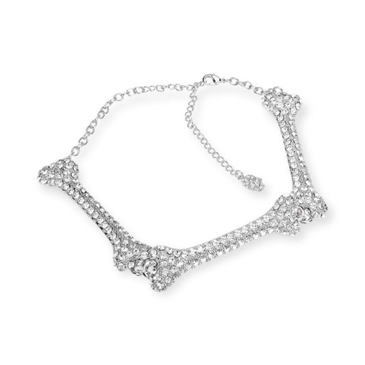 Mega Multi Repeated Bones Silver Gem Studded Choker Necklace