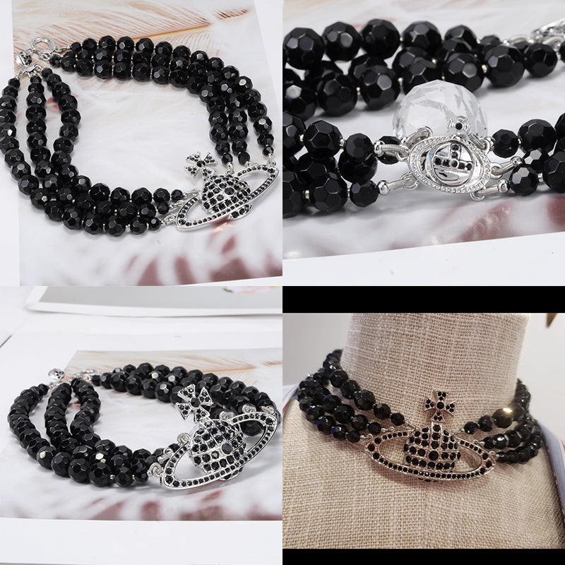 Triple Layer Row Black Beaded Crystal Pearl Orb Pendant Choker Necklace