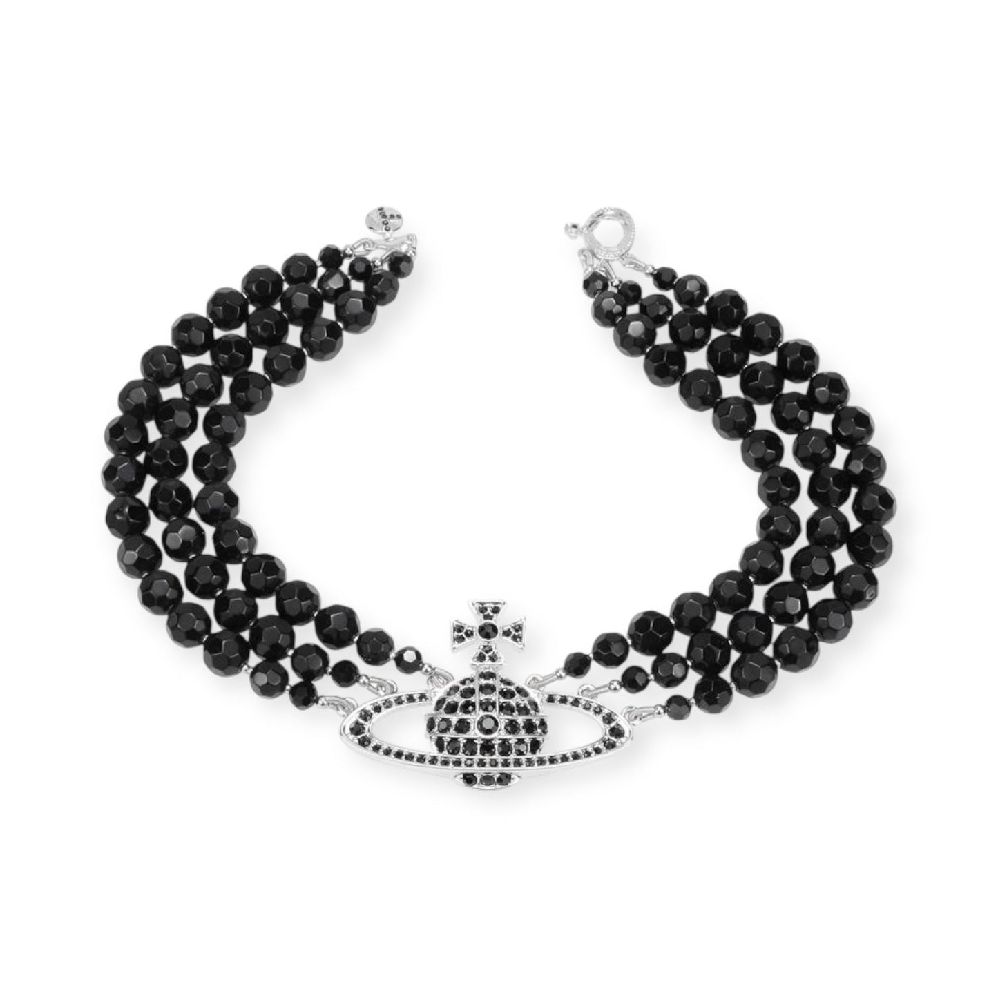 Triple Layer Row Black Beaded Crystal Pearl Orb Pendant Choker Necklace