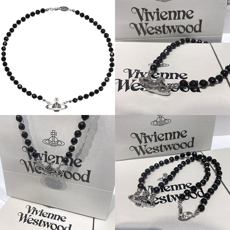 Black Beaded Crystal Pearl Orb Pendant Necklace Gold & Silver (2 Colors)