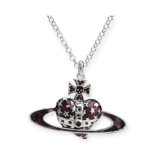 Heart Shaped Skull Star Studded Burgundy Pendant Necklace