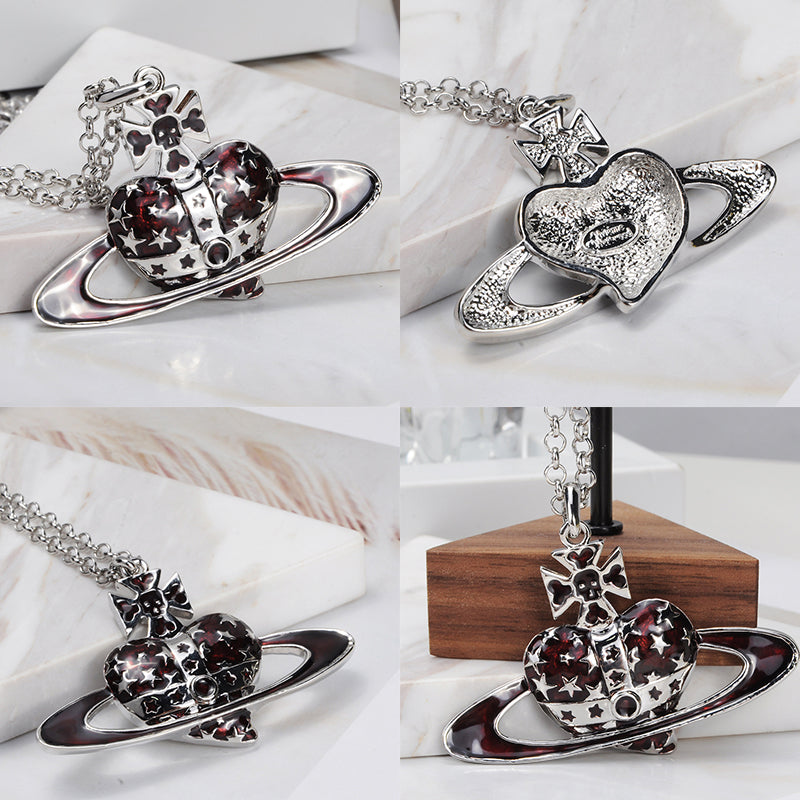 Heart Shaped Skull Star Studded Burgundy Pendant Necklace
