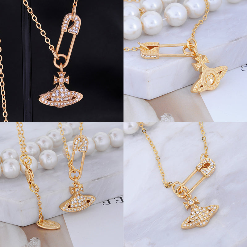 Safety Pin Asymmetrical Gem Studded Orb Pendant Necklace (4 Colors)
