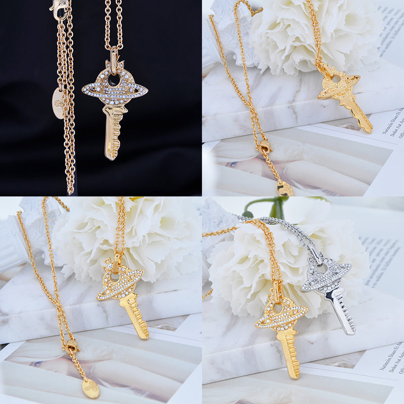 Key Pendant Silver Gem Studded Necklace Gold & Silver (2 Colors)